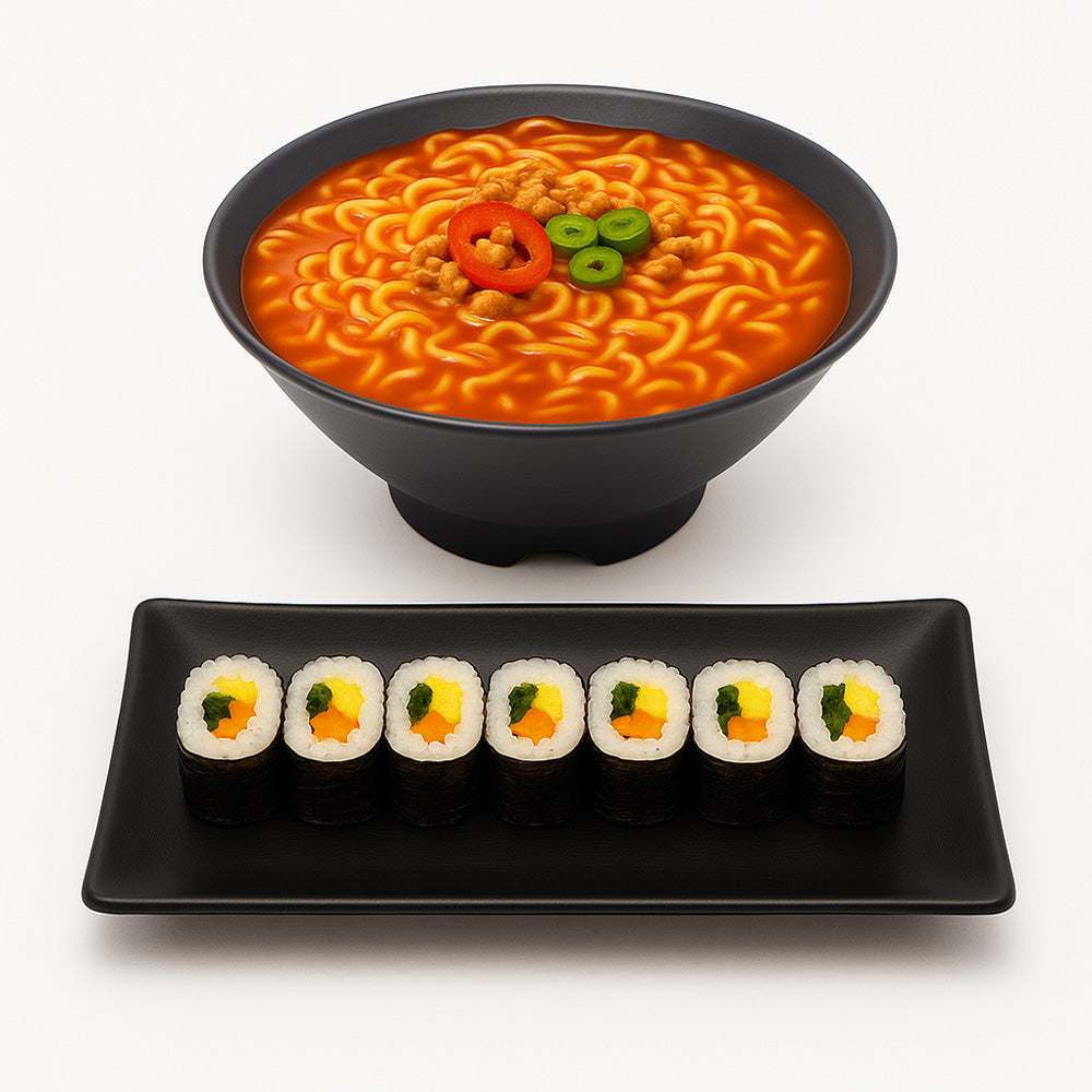 The Ultimate K-Food Combo: Ramen Bowl & Kimbap Plate Set