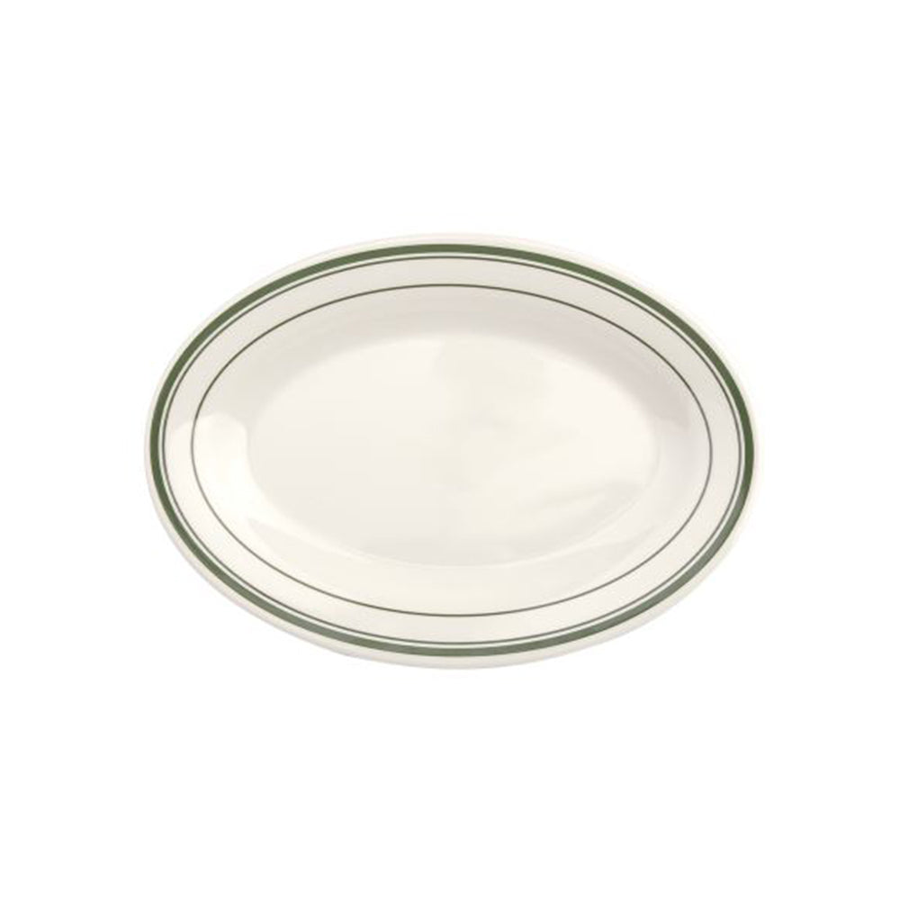 Modern Retro Line Oval Plate (8" / 20.5cm) - Cream Melamine with Green or Brown Rim